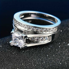 Women's Silver Plated Princess Cut Ring With Cubic Zirconia