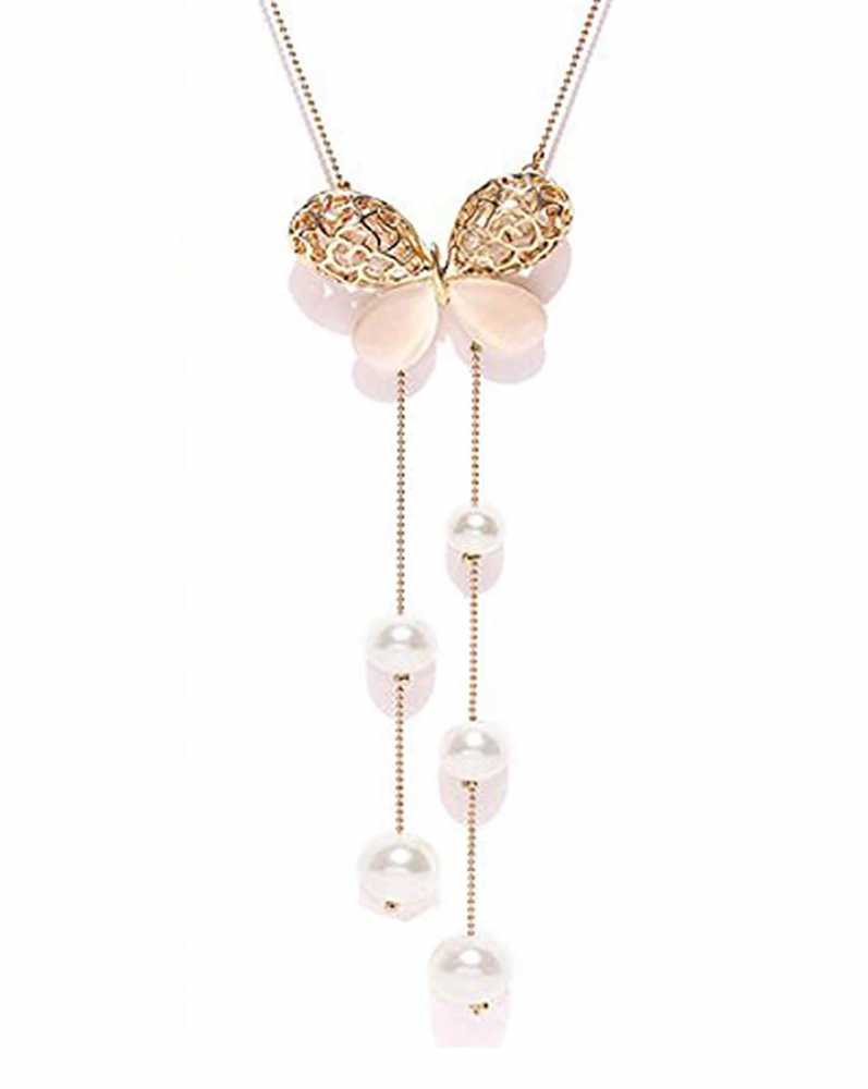 Women's Dual Tone Design Pearl Butterfly Pendant Chain