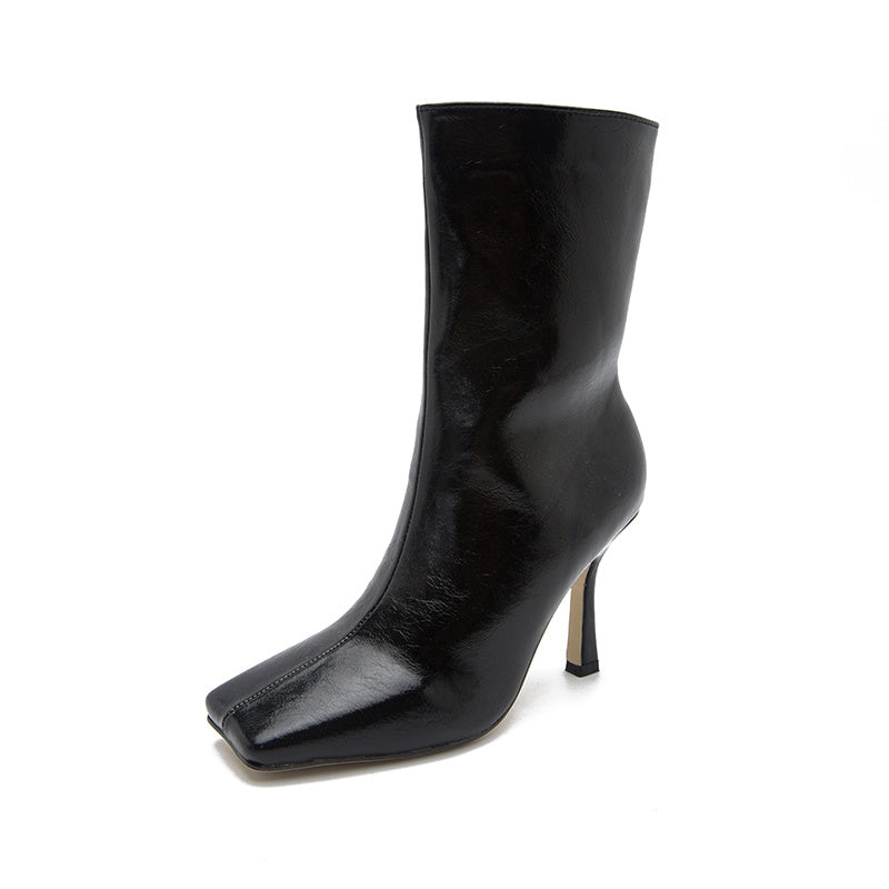 Stiletto Heel Mid Calf Boots Square Toe PU Leather High Heel Booties