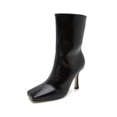 Stiletto Heel Mid Calf Boots Square Toe PU Leather High Heel Booties