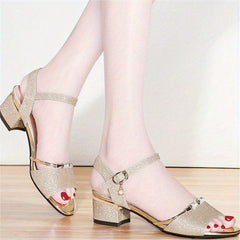 Glitter Sequins Block Heel Sandals Peep Toe Rhinestone Buckle Strap Low Heels