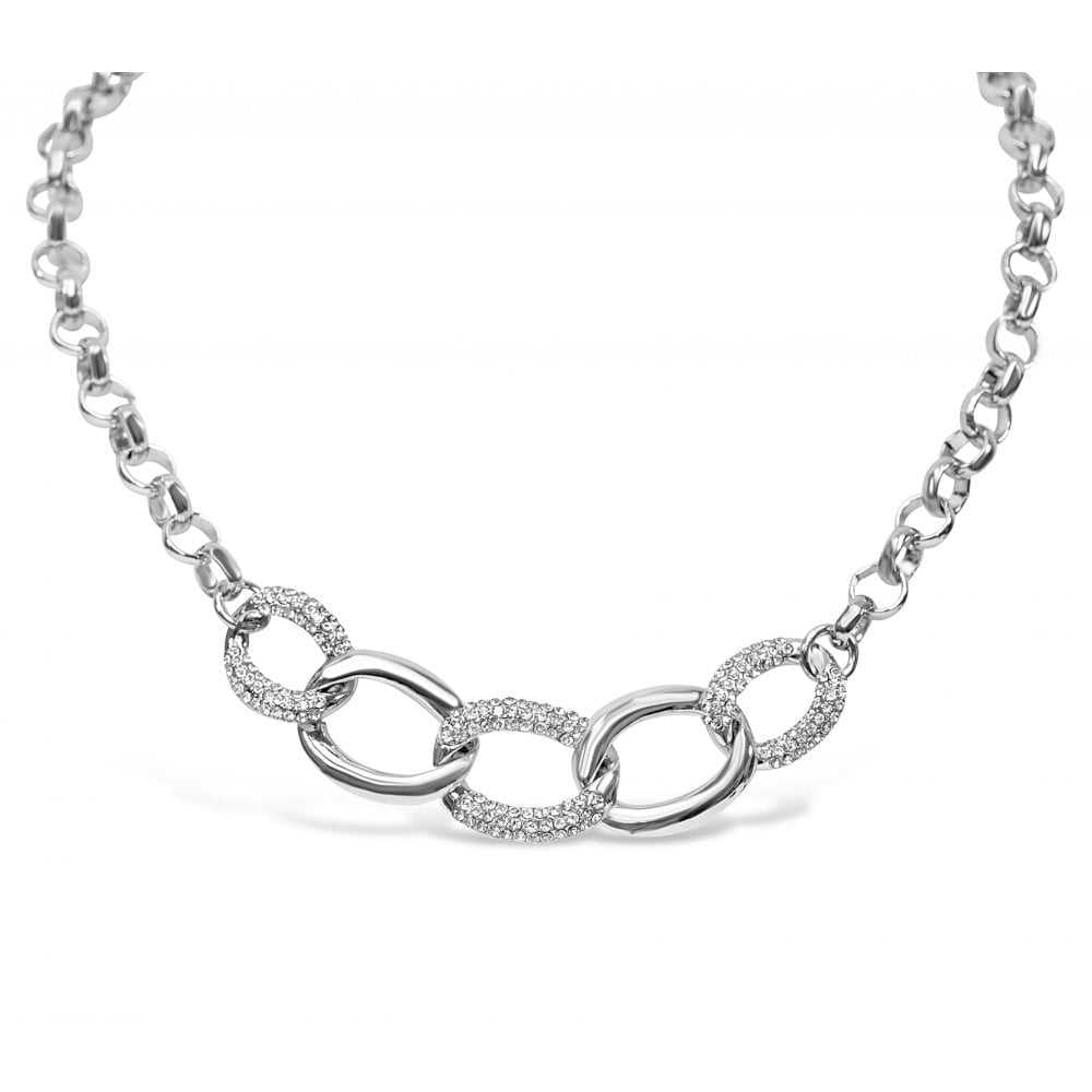 Women's Rhodium Plated Crystal Oval Hooped Chain Necklace