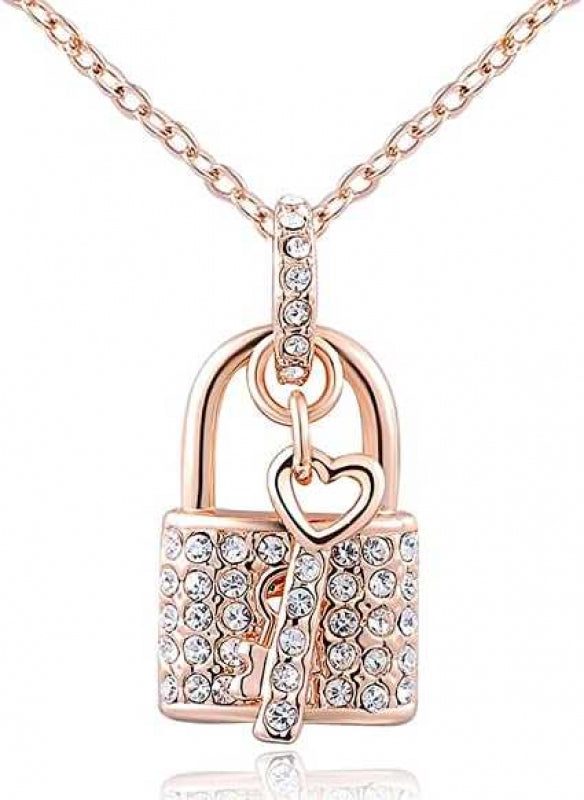 Women's Rose Gold Plated Lock and Key Zirconia Pendant Necklace