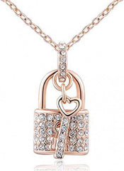 Women's Rose Gold Plated Lock and Key Zirconia Pendant Necklace
