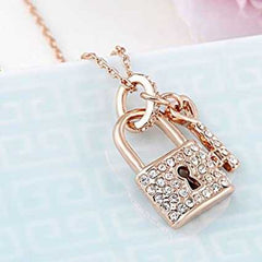 Women's Rose Gold Plated Lock and Key Zirconia Pendant Necklace