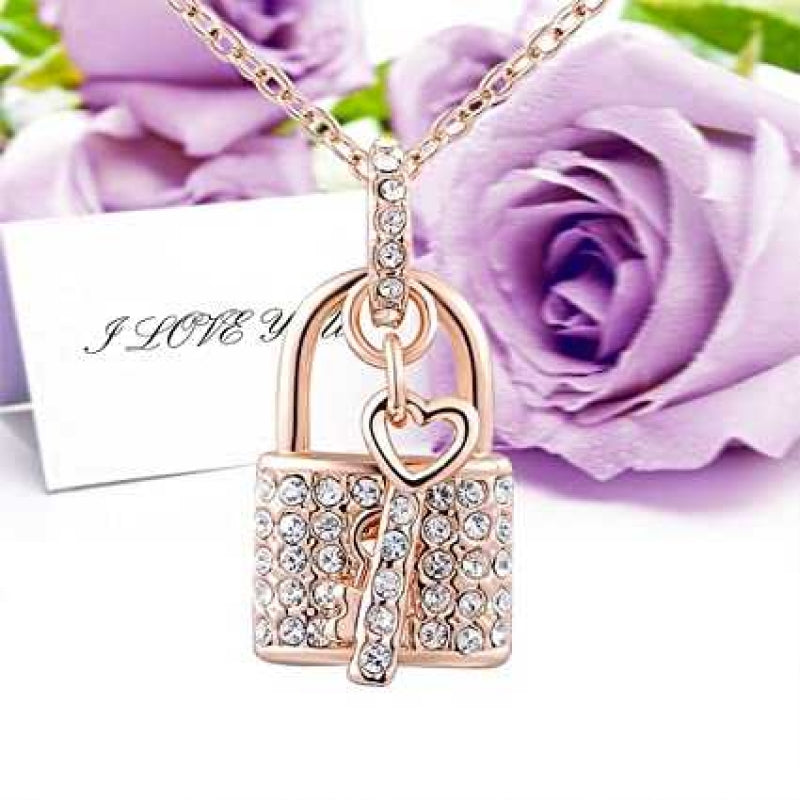 Women's Rose Gold Plated Lock and Key Zirconia Pendant Necklace