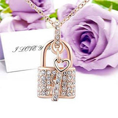 Women's Rose Gold Plated Lock and Key Zirconia Pendant Necklace