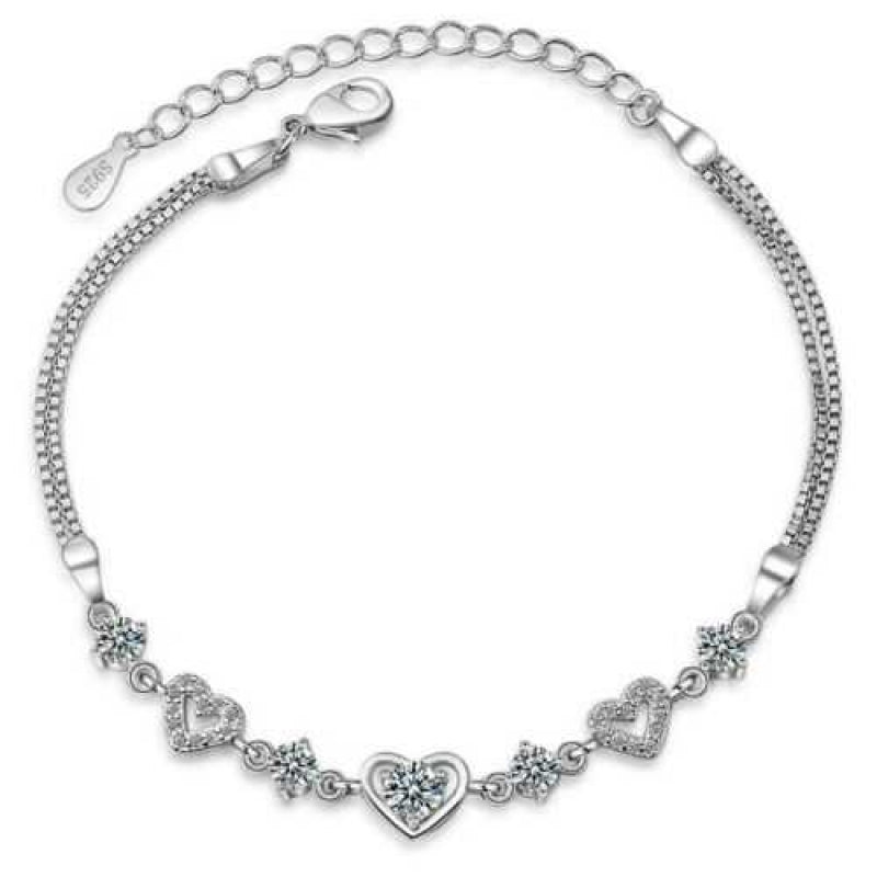 Women's Silver Plated Heart Chain Bracelet With Cubic Zirconia