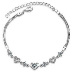 Women's Silver Plated Heart Chain Bracelet With Cubic Zirconia