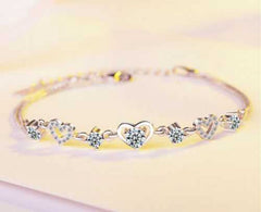 Women's Silver Plated Heart Chain Bracelet With Cubic Zirconia