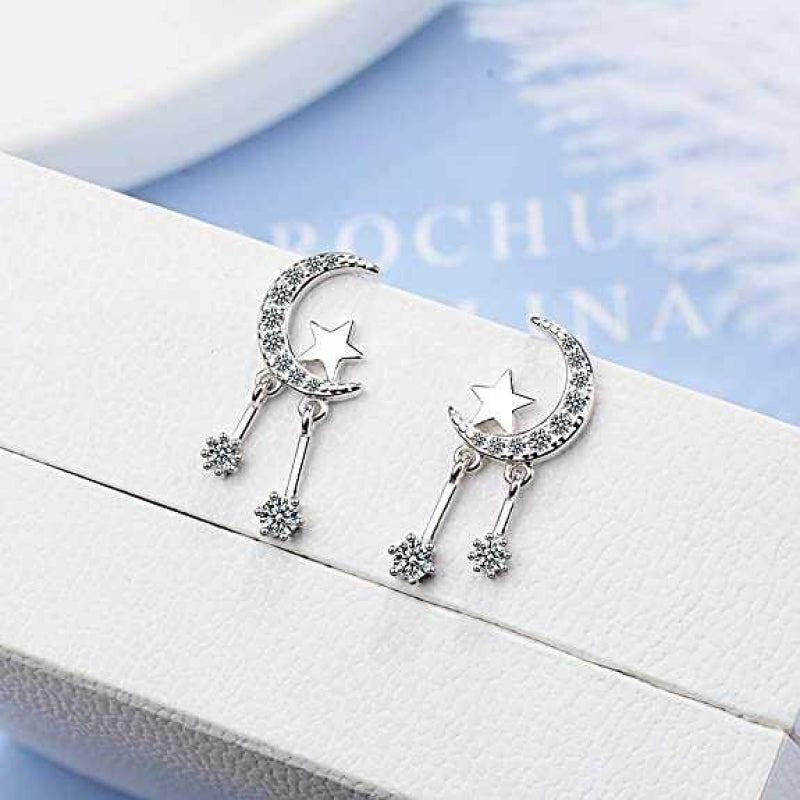 Women's Moon And Star Double Drop Crystal Stud Earrings