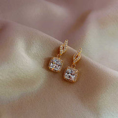 Women's Square Pendant Earrings Studded With Zircon Stones