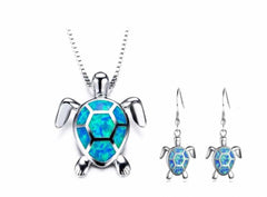 Women's Silver Plated Opal Turtle Jewelry Set With Box Chain