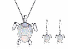 Women's Silver Plated Opal Turtle Jewelry Set With Box Chain