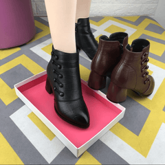 Chunky Heeled PU Leather Ankle Boots Women's Footwear