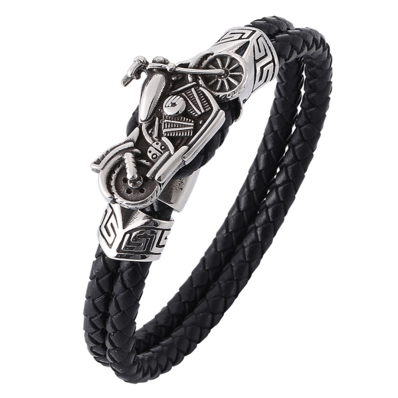 Men's Black Double Layer Leather Bracelet with Metal Bike Accent