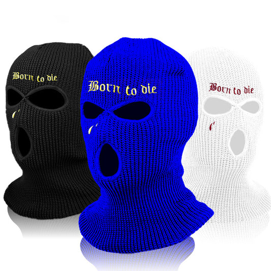 Embroidered Knit Ski Mask Winter Balaclava Hat 3 Hole Knitted Full Face Cover