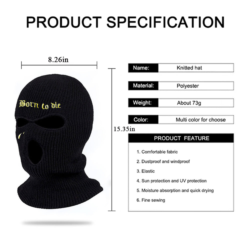 Embroidered Knit Ski Mask Winter Balaclava Hat 3 Hole Knitted Full Face Cover