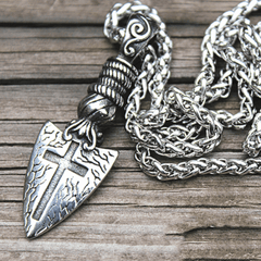 Men's Silver Plated Spear Shaped Cross Necklace With Wheat Chain Design