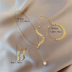 Women's Gold Plated Leaf Pattern Pearl Dropped Jewelry Set