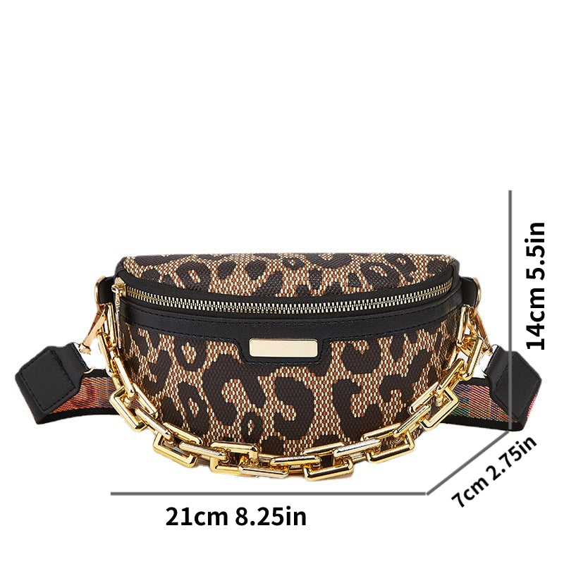 Y2K Leopard Crossbody Fanny Pack Chain Decor Chest Purse