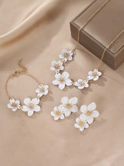 Fashionable Flower Pendant Necklace, Double Layer Earrings & Bracelet Combo