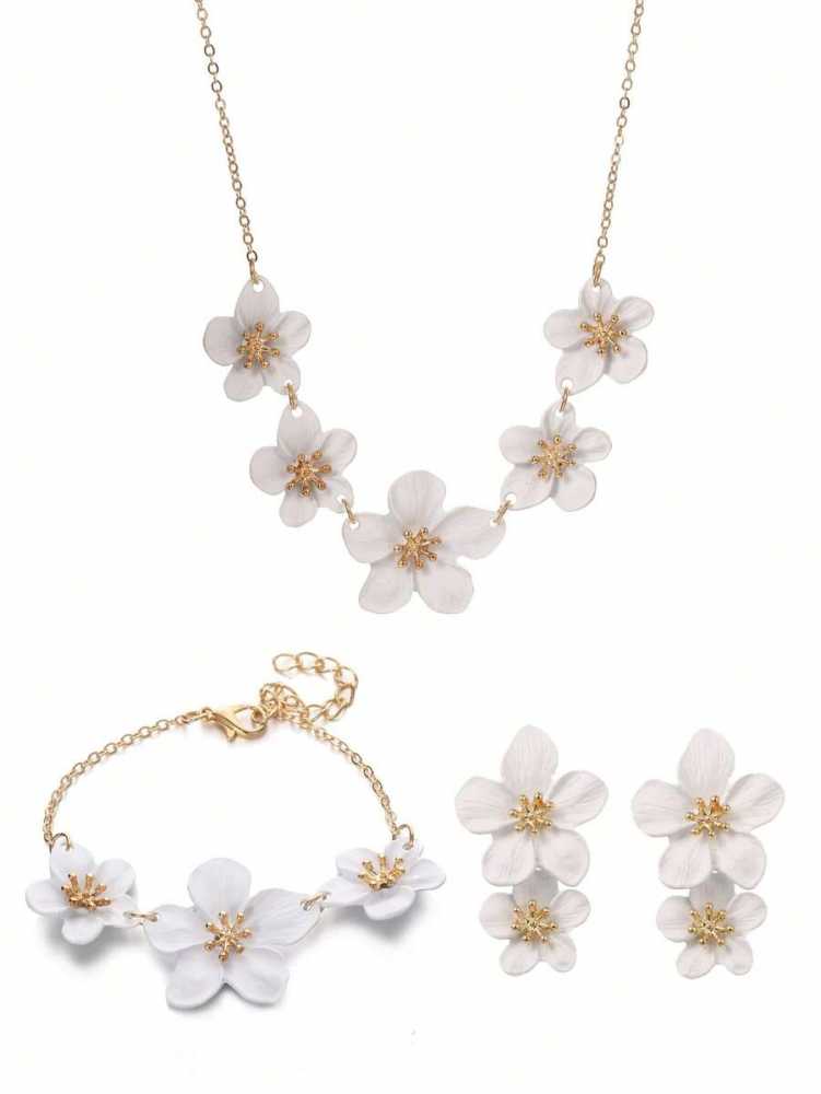 Fashionable Flower Pendant Necklace, Double Layer Earrings & Bracelet Combo