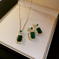 Women's Gold Plated Emerald Crystal With Cubic Zirconia Jewelry Set