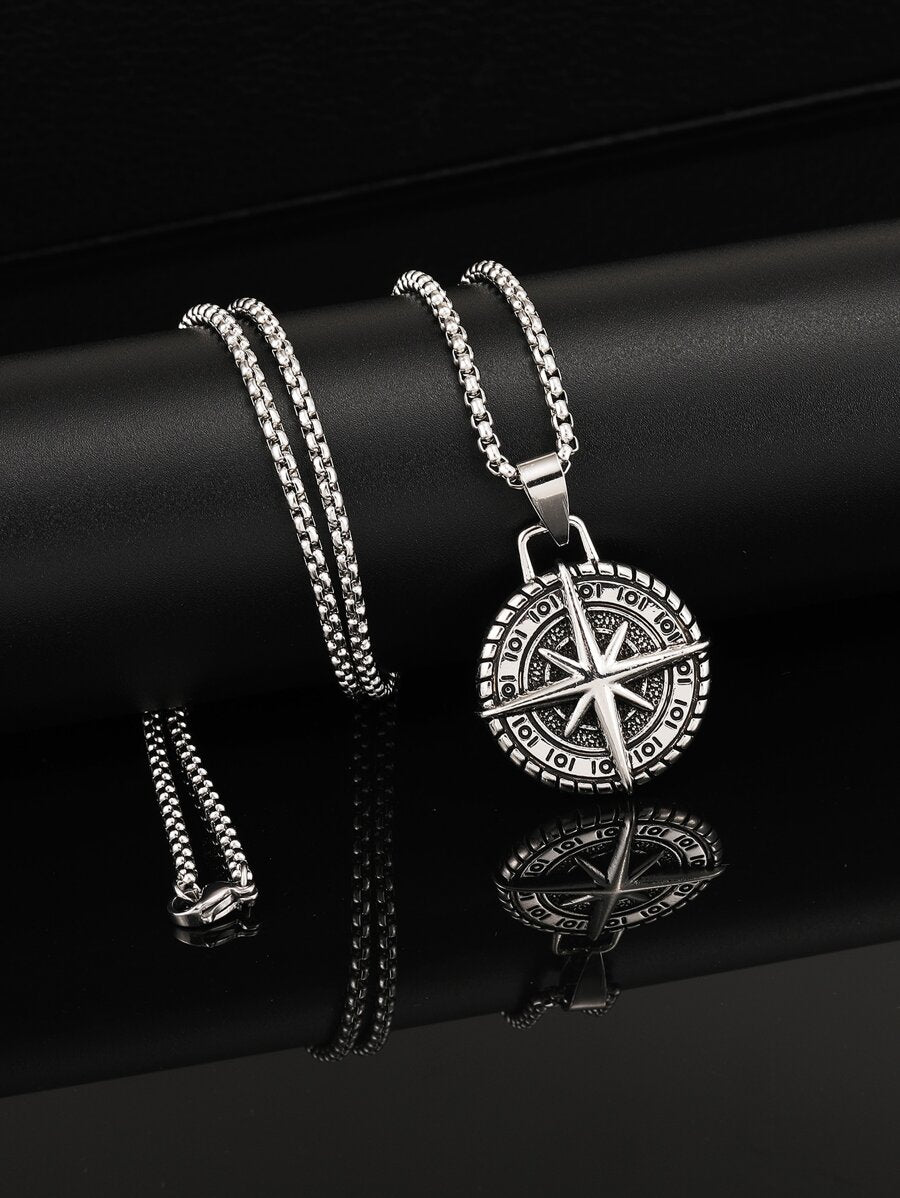 Men's Stainless Steel Compass Cross Pendant Necklace With Coin Design