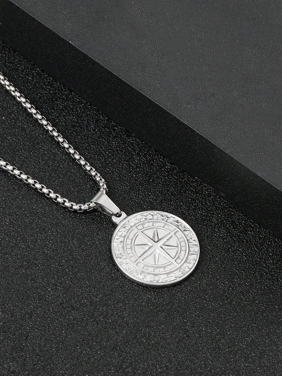 Men's Stainless Steel Compass Cross Pendant Necklace With Coin Design