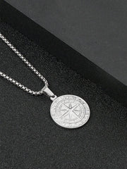 Men's Stainless Steel Compass Cross Pendant Necklace With Coin Design