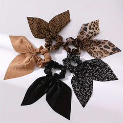 5pcs Set Vintage Leopard Printed Bow Hair Scrunchies For Women