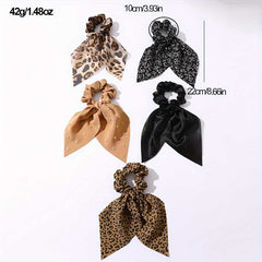 5pcs Set Vintage Leopard Printed Bow Hair Scrunchies For Women