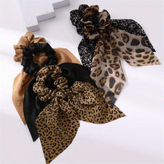 5pcs Set Vintage Leopard Printed Bow Hair Scrunchies For Women