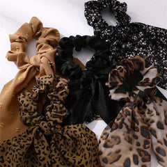 5pcs Set Vintage Leopard Printed Bow Hair Scrunchies For Women