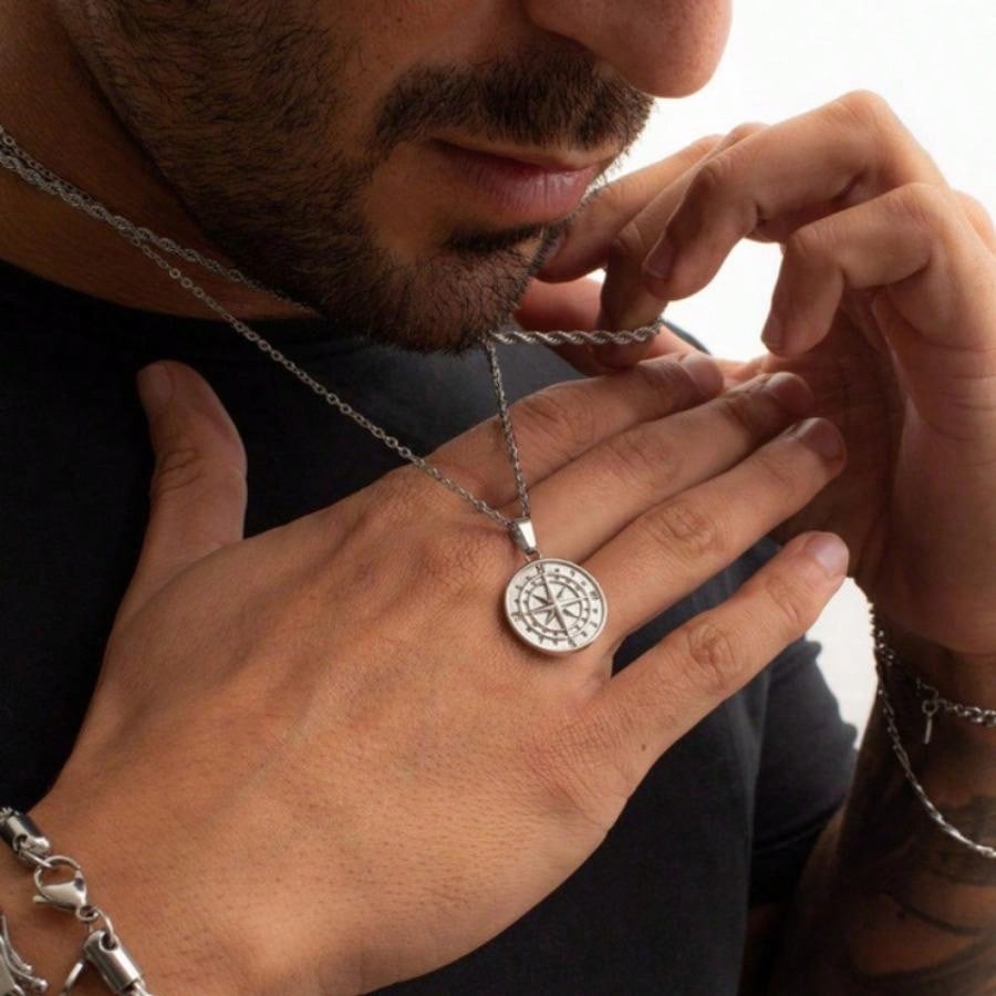 Men's Stainless Steel Compass Cross Pendant Necklace With Coin Design
