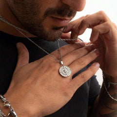 Men's Stainless Steel Compass Cross Pendant Necklace With Coin Design