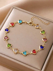 Women's Gold Plated Colourful Heart Link Chain Zirconia Adjustable Bracelet