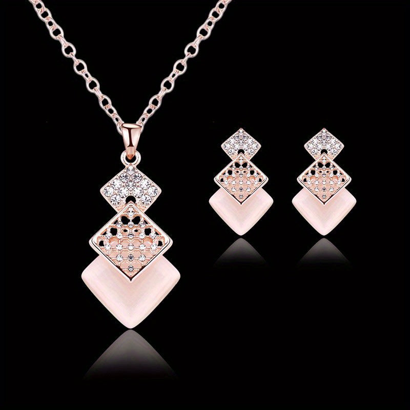 Rhombus Geometric Pendant Necklace and Rhinestone Earrings Luxury Gift