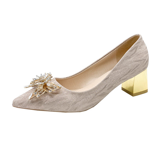 Rhinestone Block Heel Pointed Pumps Glitter Shoes