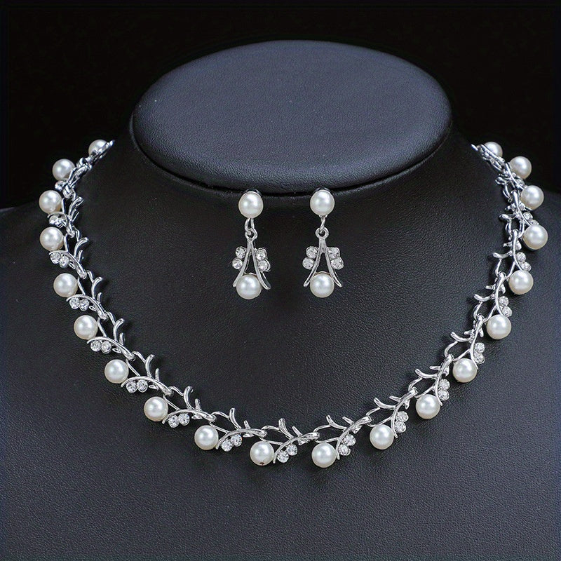 Silver Fashion Jewelry Set for Women Modern Inlaid Faux Pearl Necklace and Earrings