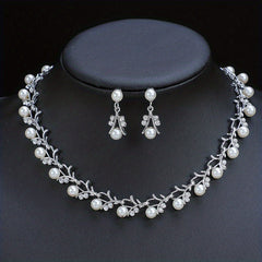Silver Fashion Jewelry Set for Women Modern Inlaid Faux Pearl Necklace and Earrings
