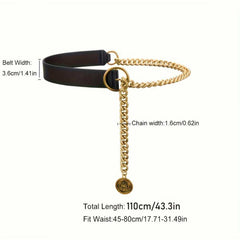 Vintage Inspired Chain Stitching Belt With Adjustable Metal Chain Pendant