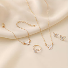 Women's Gold Plated Fashion White Butterfly Glazed 4Pcs Jewelry Set