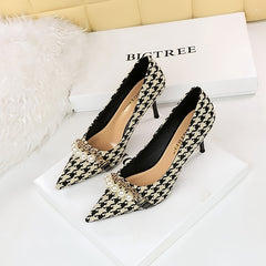 Metal Chain & Faux Pearl High Heel Pumps Houndstooth Stiletto Heels