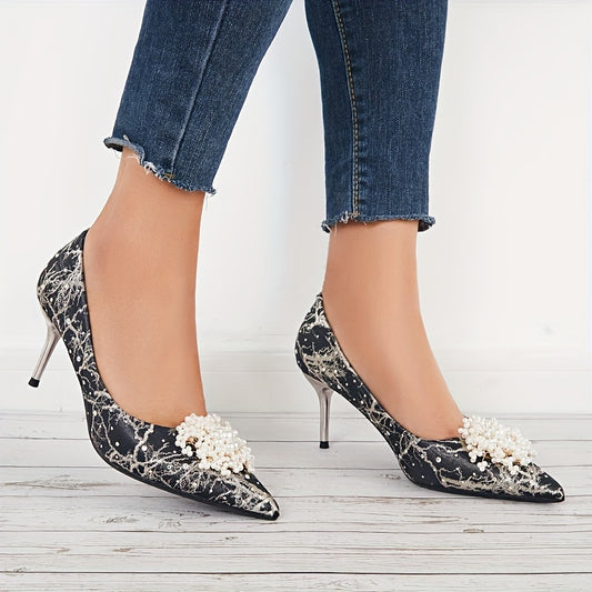 Pointed Toe High Heels Faux Pearl Print Stiletto Heels