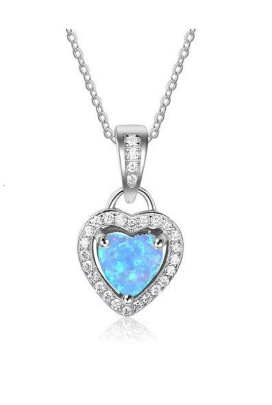 Women's Silver Plated Opal Heart Pendant With Chain