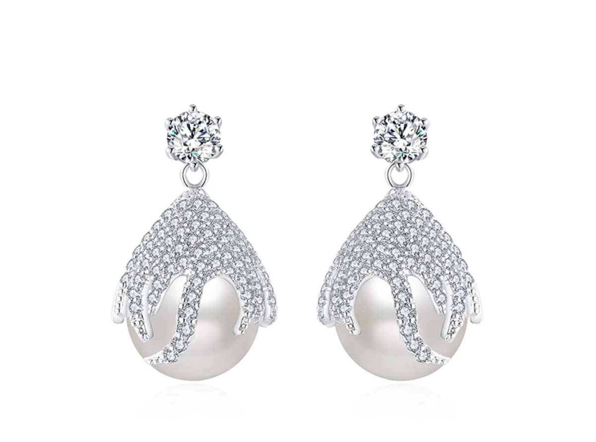 Women's Pearl Dangle Drop Earrings Studded With Rhinestone