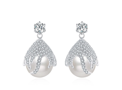 Women's Pearl Dangle Drop Earrings Studded With Rhinestone