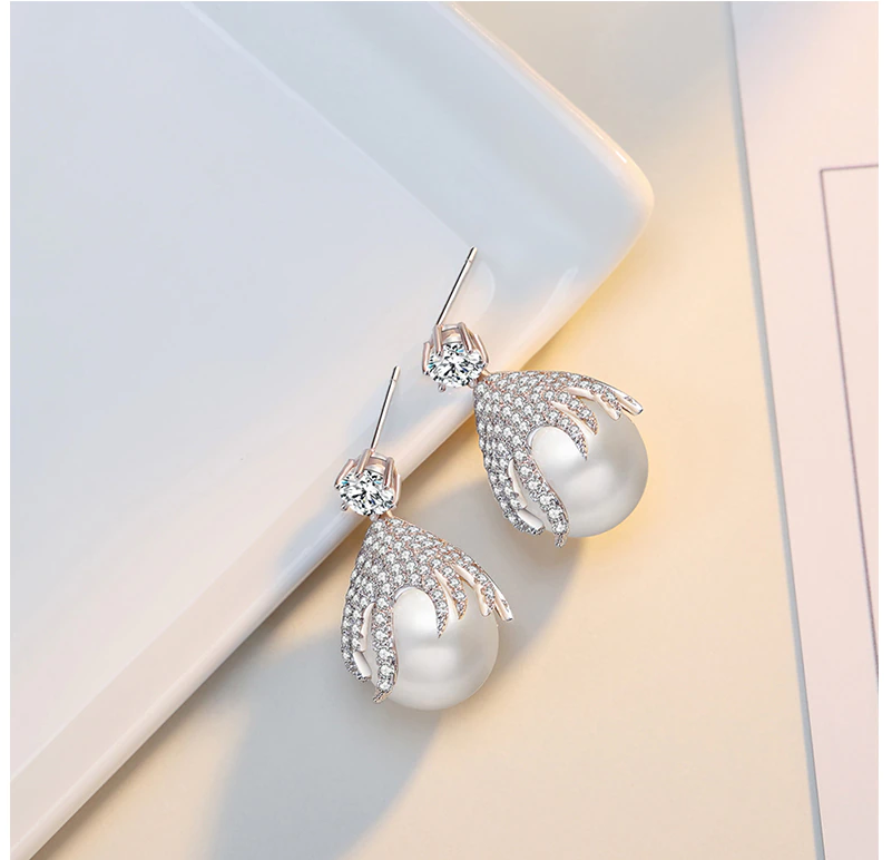 Women's Pearl Dangle Drop Earrings Studded With Rhinestone
